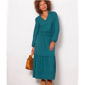Nation LTD Tiered Smocked Teal Green Puff Sleeved Midi Dress Pima Cotton‎ Small
